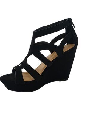 Black Strappy Open-Toe Wedge Sandals With Back Zipper Closure For Women Size 6.5